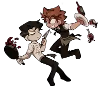 a cartoon drawing of a man holding a knife and another man holding a wine bottle