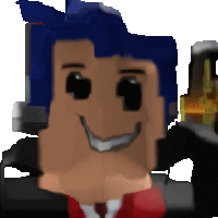 a pixel art of a man with blue hair and a red shirt