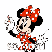 minnie mouse is wearing a red polka dot dress and holding a lipstick .