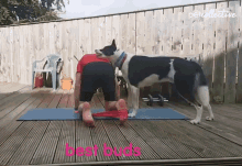 a dog standing next to a person on a yoga mat with the words " best buds " on the bottom