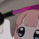 a cartoon drawing of a girl with pink hair and a sword