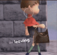 a cartoon character is walking with a purse and the words " im leaving " below her