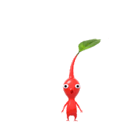 a red cartoon character with big eyes and a green leaf on top of it