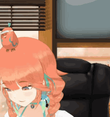 a girl with a bird on her head is sitting on a couch