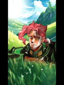 a painting of a man with red hair laying in the grass