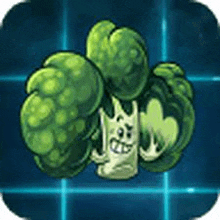 a cartoon broccoli with a face on it is on a blue tile background .