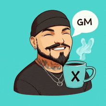 a cartoon of a man holding a cup of coffee with a gm speech bubble