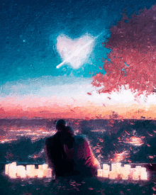 a painting of a man and woman looking at a heart shaped feather in the sky