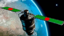 an artist 's impression of a satellite with a green and red wing flying over the earth .