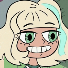 a cartoon character with blonde hair and green eyes is smiling .