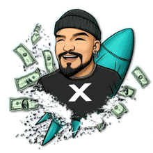 a man in a black shirt with the letter x on it is surrounded by money