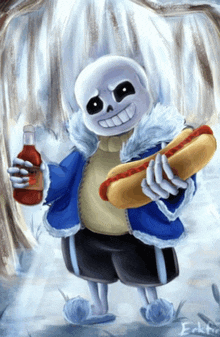 a drawing of sans holding a hot dog and ketchup