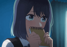 a girl with short hair is holding a notebook in front of her mouth