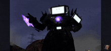 a computer generated image of a robot holding a purple object