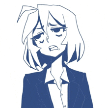 a black and white drawing of a woman in a suit making a sad face