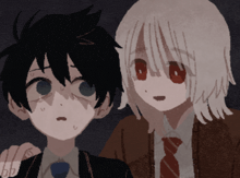 a boy and a girl are standing next to each other and the girl has white hair