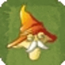 a cartoon gnome with a red hat and a white mustache is sitting on a green field .