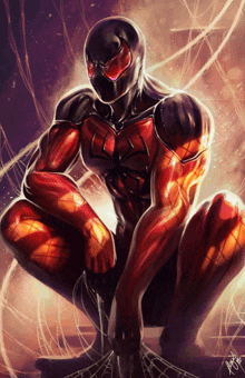 a drawing of a red and black spiderman with a spider web behind him