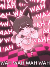 a girl with cat ears is standing in front of a wall that says wah wah wah wah