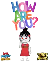 a cartoon girl is holding a cell phone in front of a sign that says " how are you "