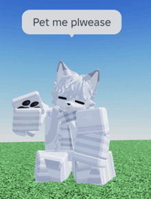 a white cartoon character says pet me plwease