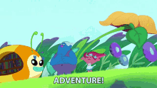 a cartoon scene with the words adventure written in the corner