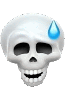 a white skull with a blue drop of sweat on its forehead .