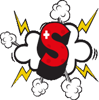 a red letter s with a white cross on it is surrounded by lightning and smoke