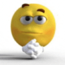 a yellow smiley face with big eyes and a white hand is standing on a white background .