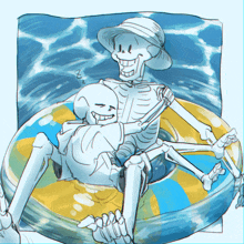 a drawing of two skeletons in a raft with the letter r on the bottom