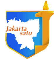 a blue and yellow shield with a map of jakarta satu on it