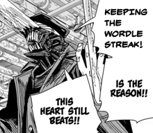 a black and white drawing of a man holding a sword with the words " keeping the wordle streak " above him