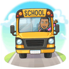 a cartoon illustration of a school bus with a man on the driver 's seat