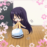 a girl with long purple hair is sitting on a robotic vacuum cleaner