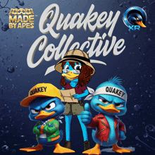 a poster for quakey collective has three cartoon ducks on it