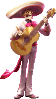 a skeleton in a sombrero holds a guitar