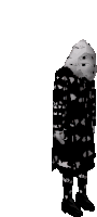 a black and white pixel art of a person with a hood