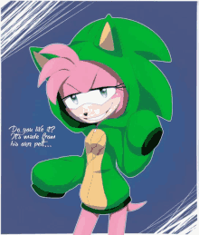 a drawing of amy the hedgehog wearing a green hoodie with the words do you like it