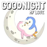 a couple of penguins sitting on a crescent moon with the words goodnight my love