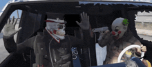 a man in a top hat and a clown in a mask are in a car