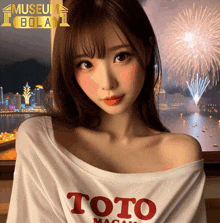 a woman wearing a toto macau shirt looks at the camera