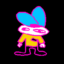 a pixel art drawing of a rabbit wearing a yellow jacket and a blue hat