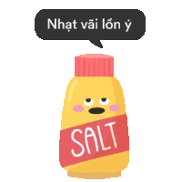 a yellow bottle of salt with a face and a speech bubble