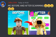 a screenshot of a video of a man before and after scamming