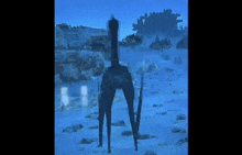 a painting of a monster with a long neck and legs standing in the snow .