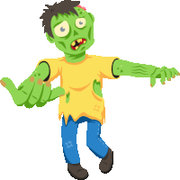 a cartoon illustration of a zombie with a yellow shirt and blue jeans