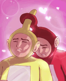 a drawing of two teletubbies with hearts behind them