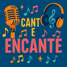a neon sign that says canto e encante with headphones and music notes