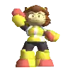 a cartoon character is wearing a yellow jacket and red gloves and standing on a white background .