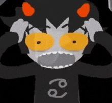 a cartoon character with yellow eyes and a black shirt that says ' r ' on it